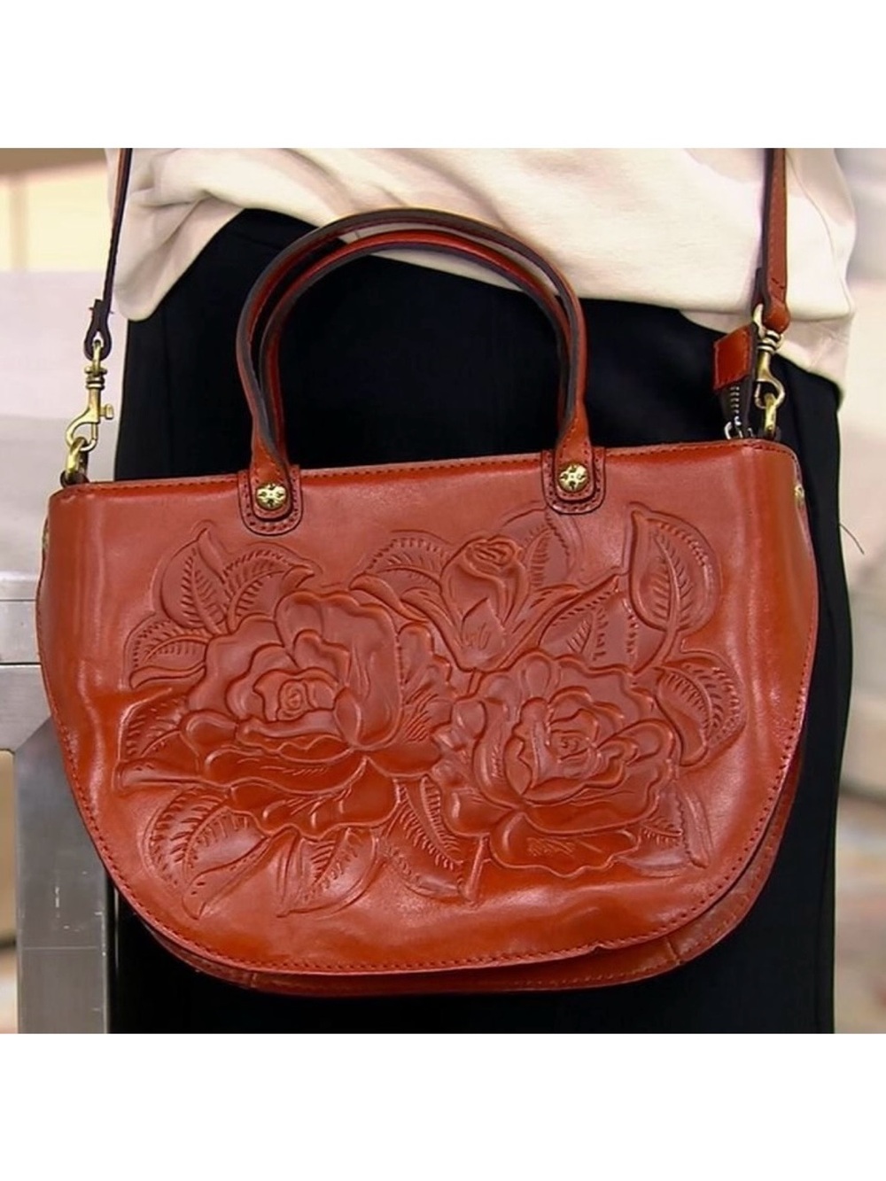 Patricia Nash Fairford Embossed Leather Satchel Shoulder Bag in Cognac - Picture 2 of 6